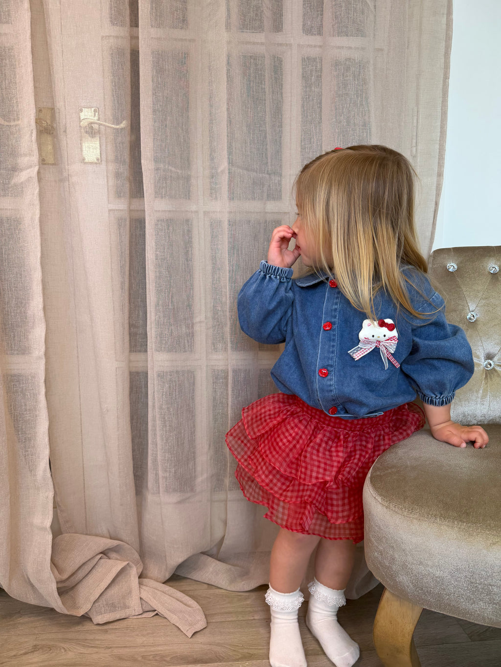 Denim Cat Shirt with Red Rara Skort