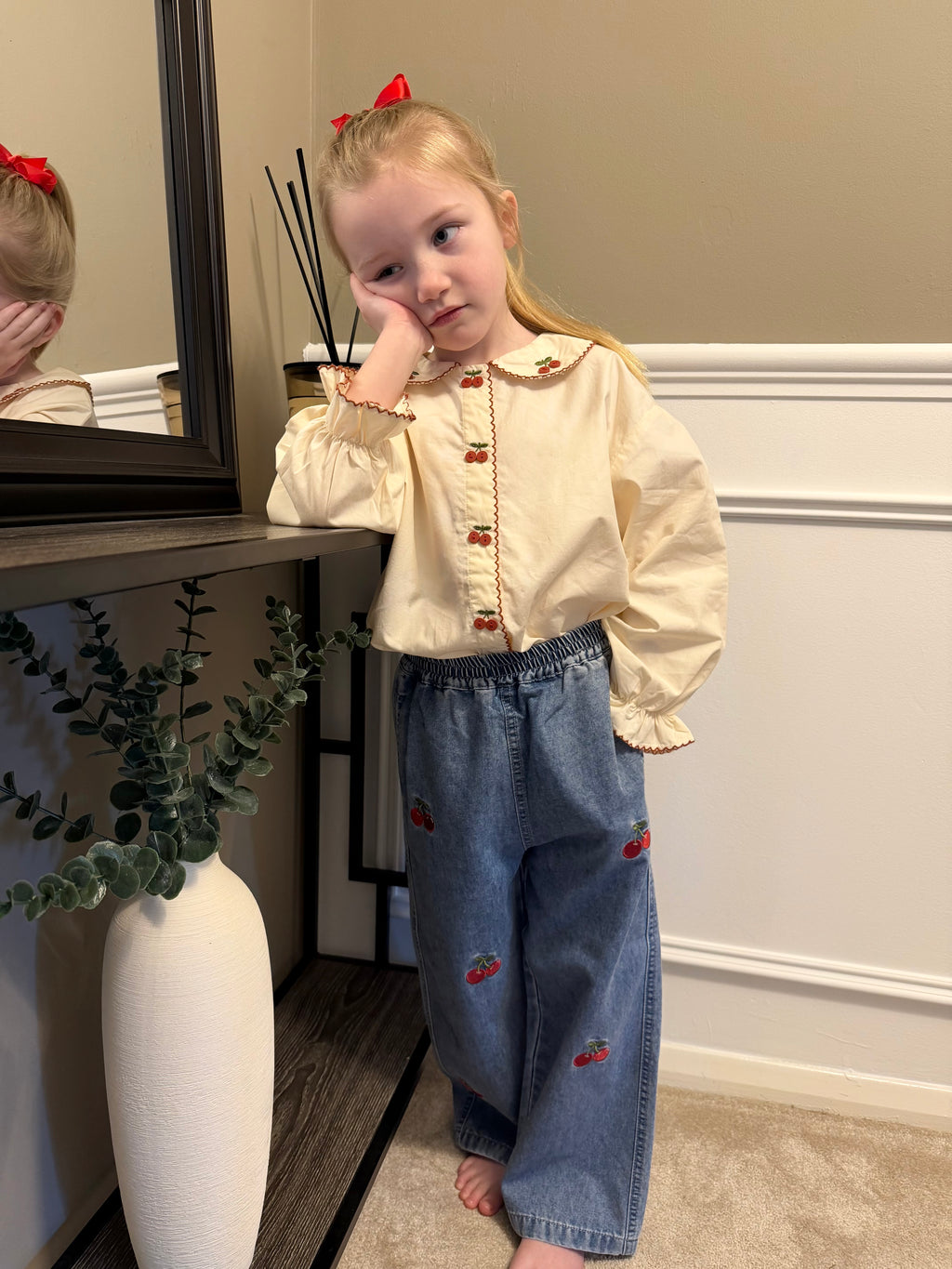 Cherry Shirt, Cardigan and Jean Set