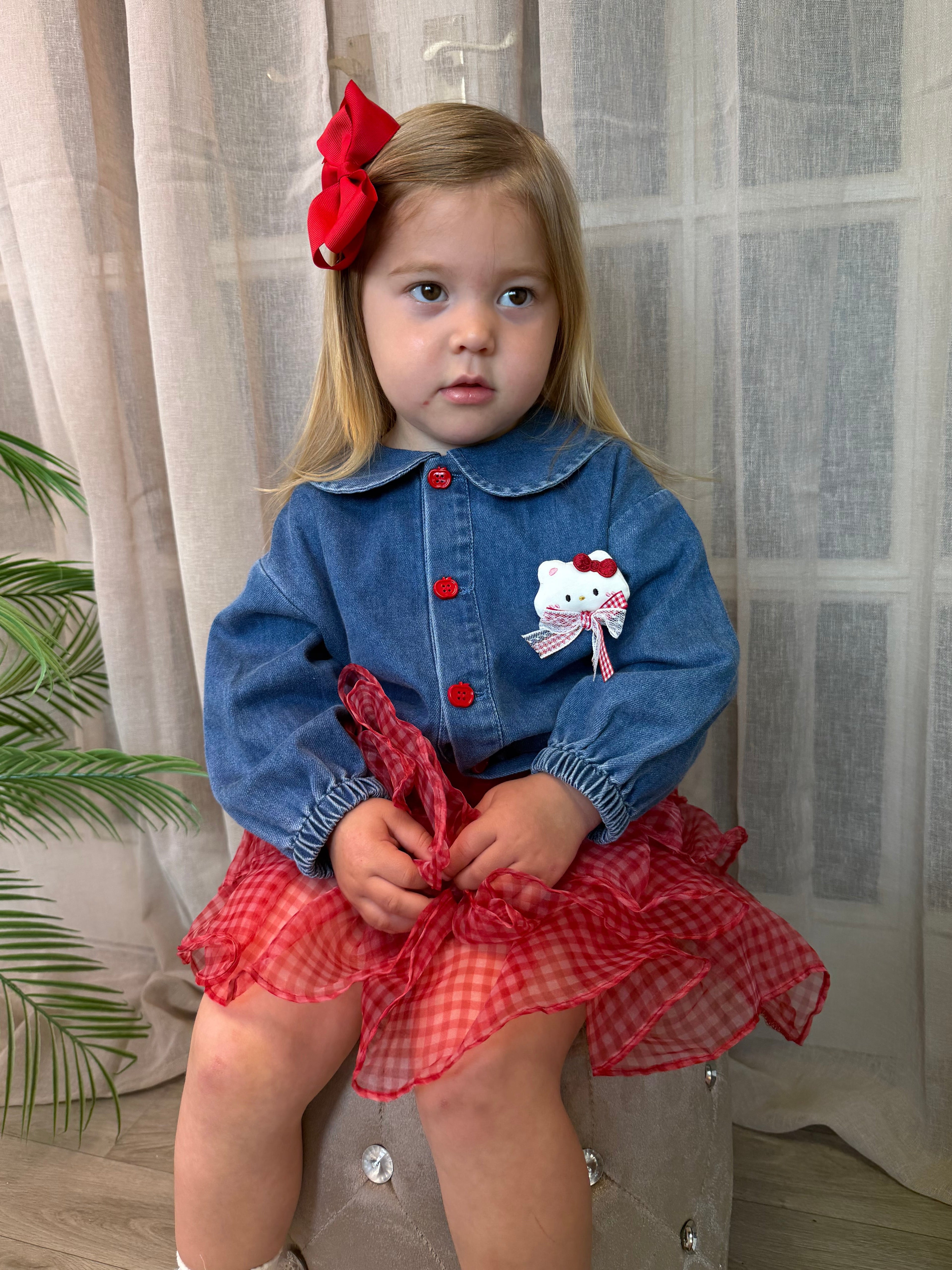 Denim Cat Shirt with Red Rara Skort