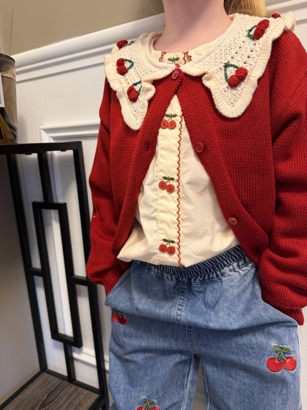 Cherry Shirt, Cardigan and Jean Set
