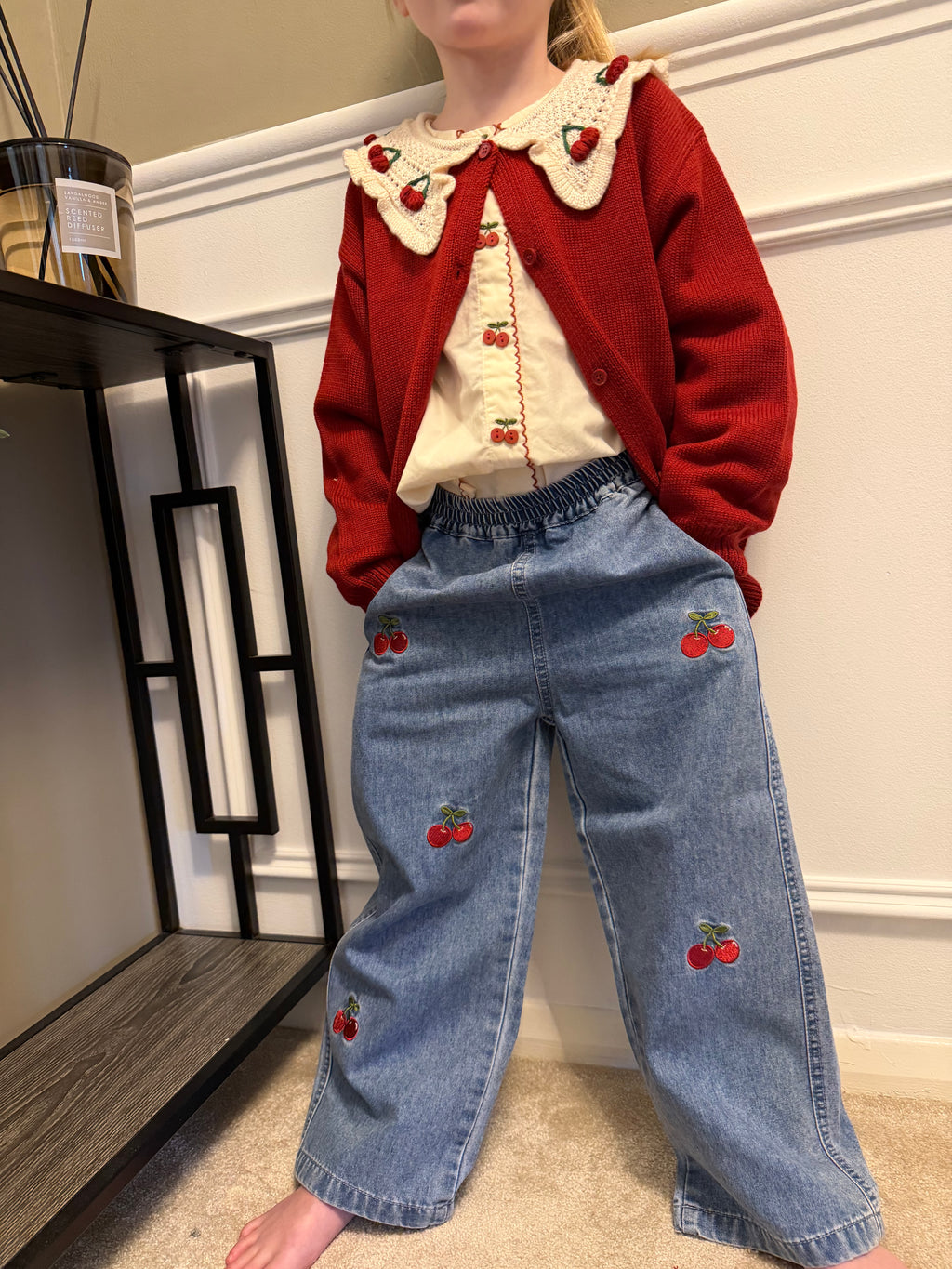 Cherry Shirt, Cardigan and Jean Set
