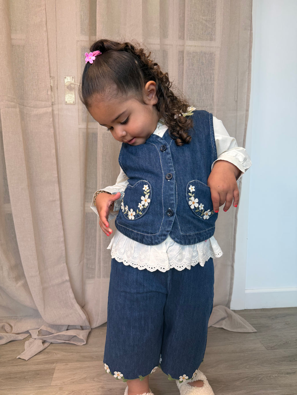 3 Piece Floral Denim Waistcoat Set
