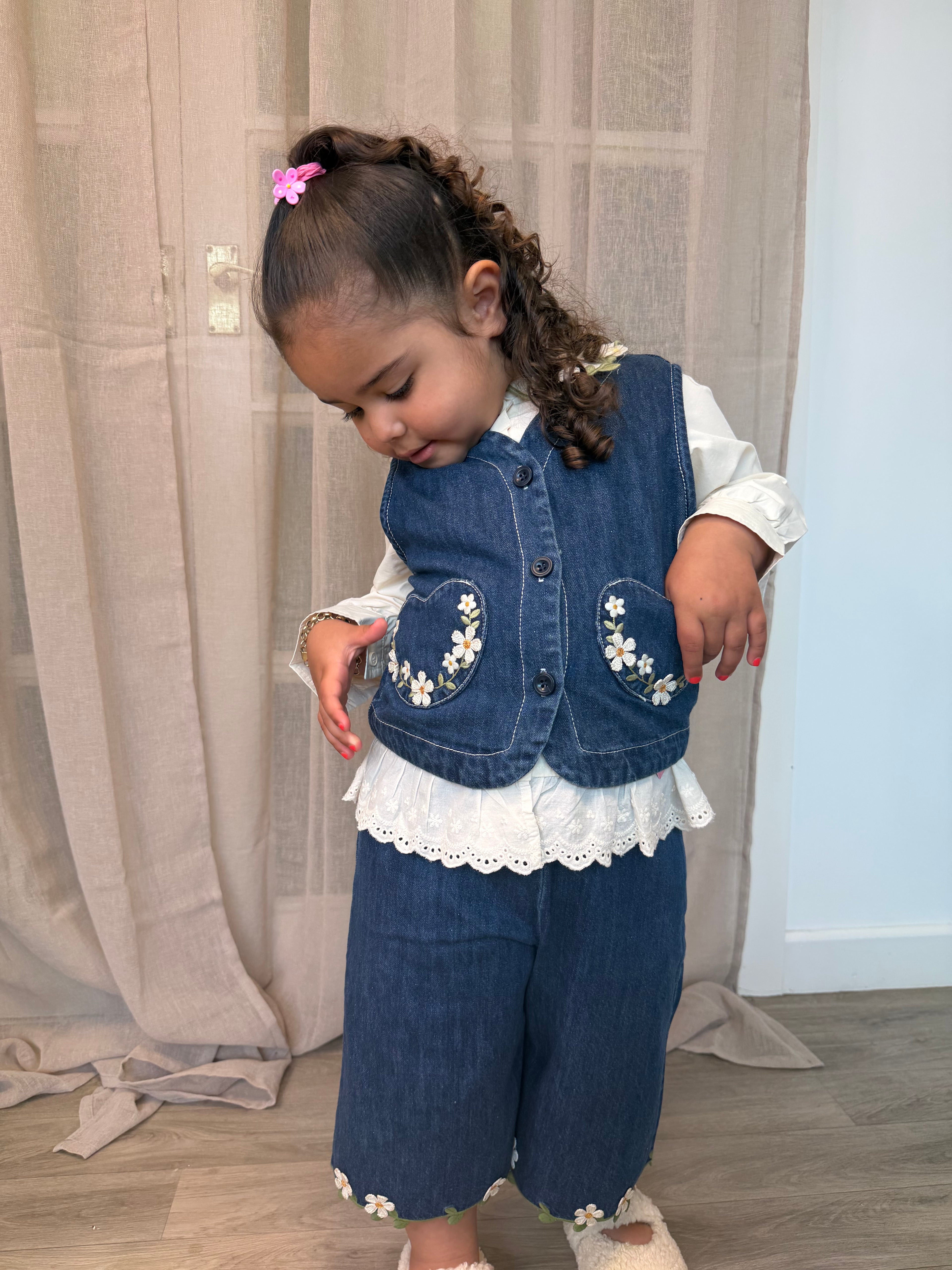 3 Piece Floral Denim Waistcoat Set