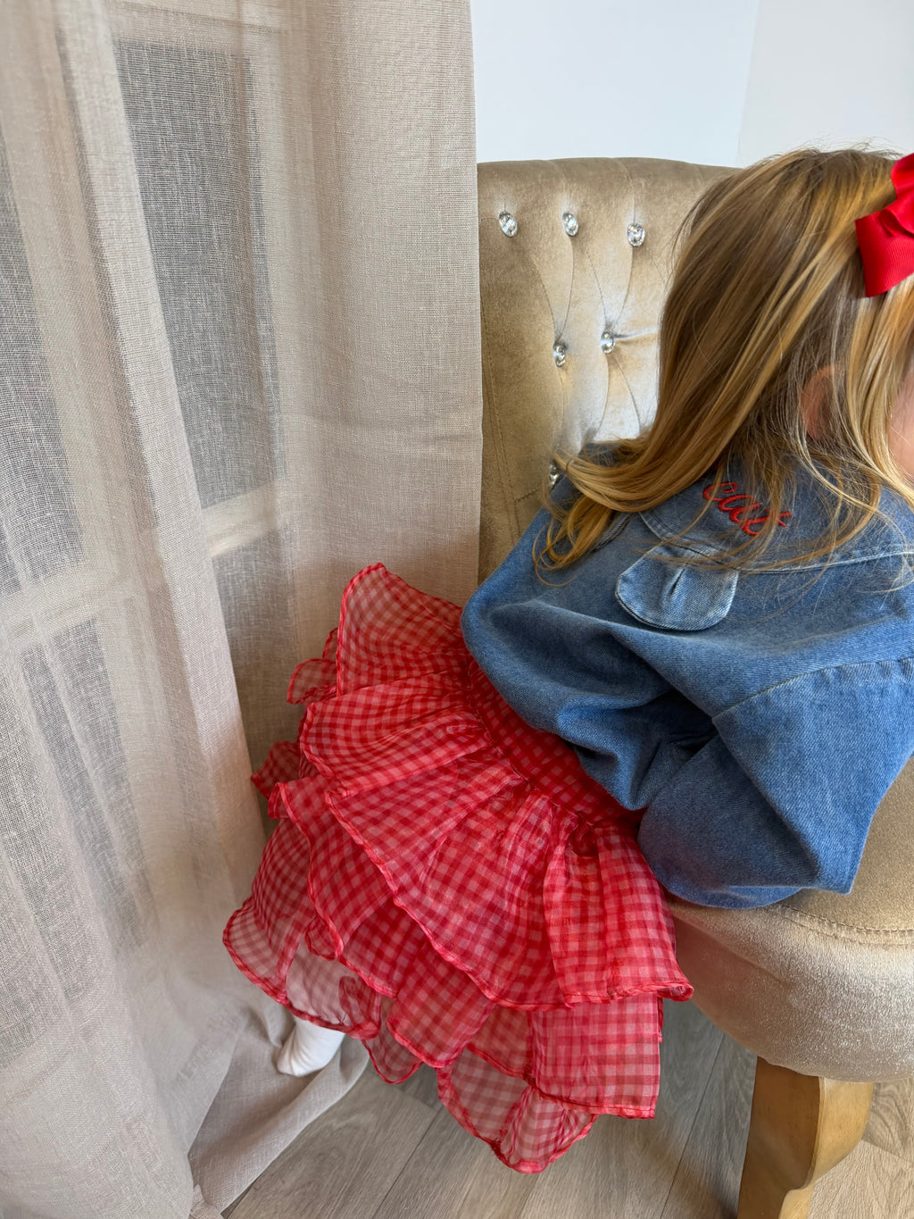 Denim Cat Shirt with Red Rara Skort