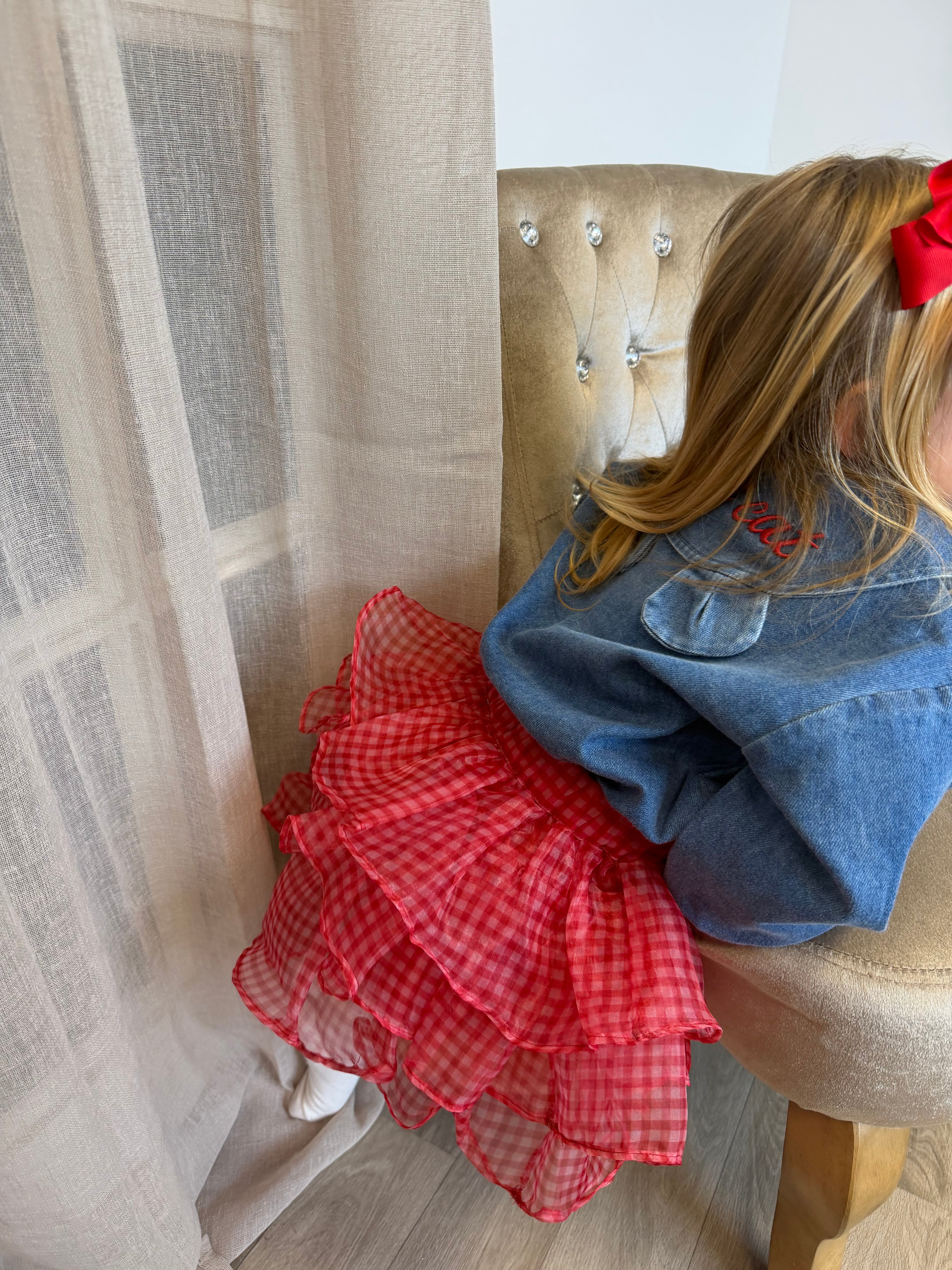 Denim Cat Shirt with Red Rara Skort