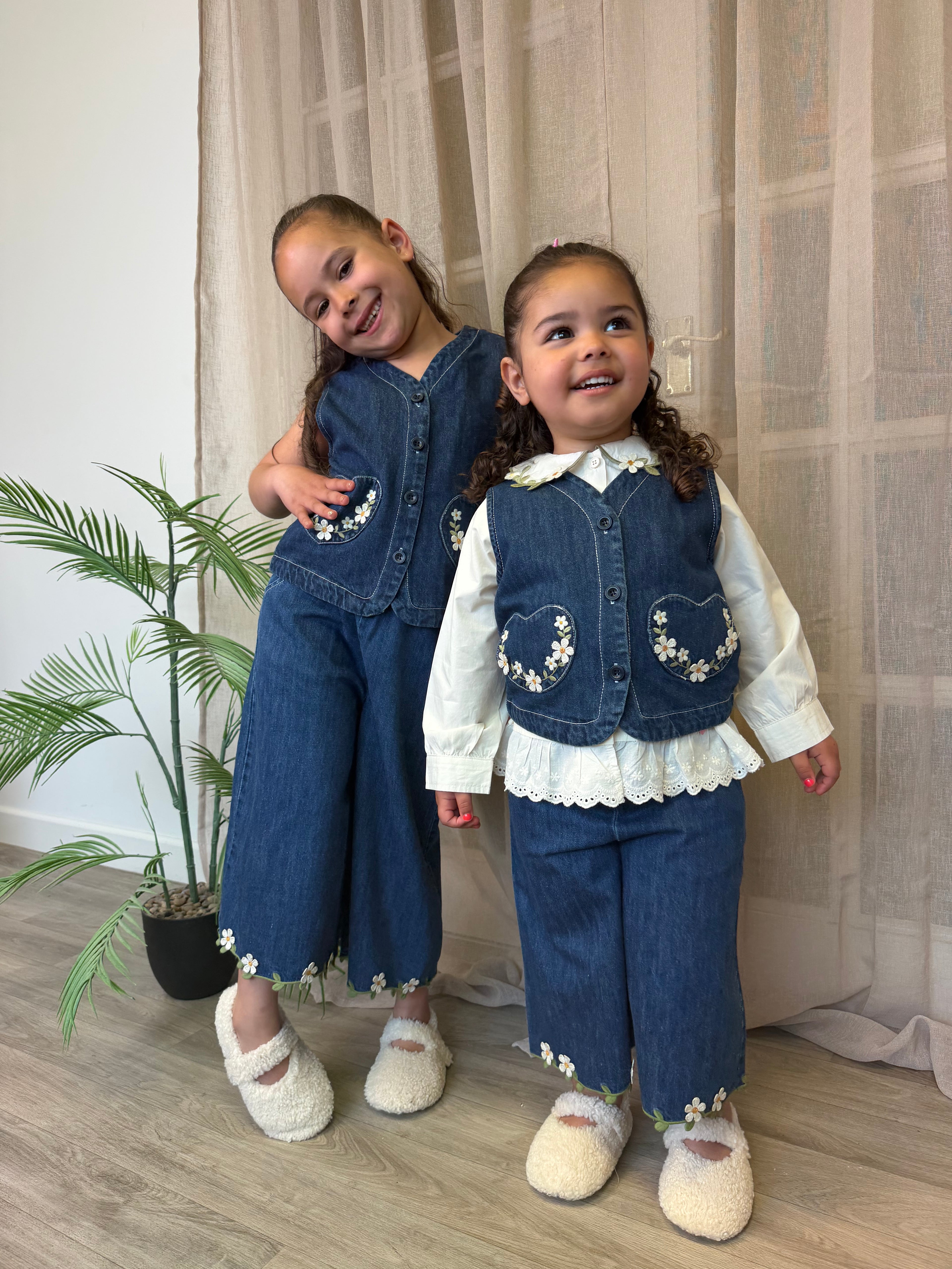 3 Piece Floral Denim Waistcoat Set