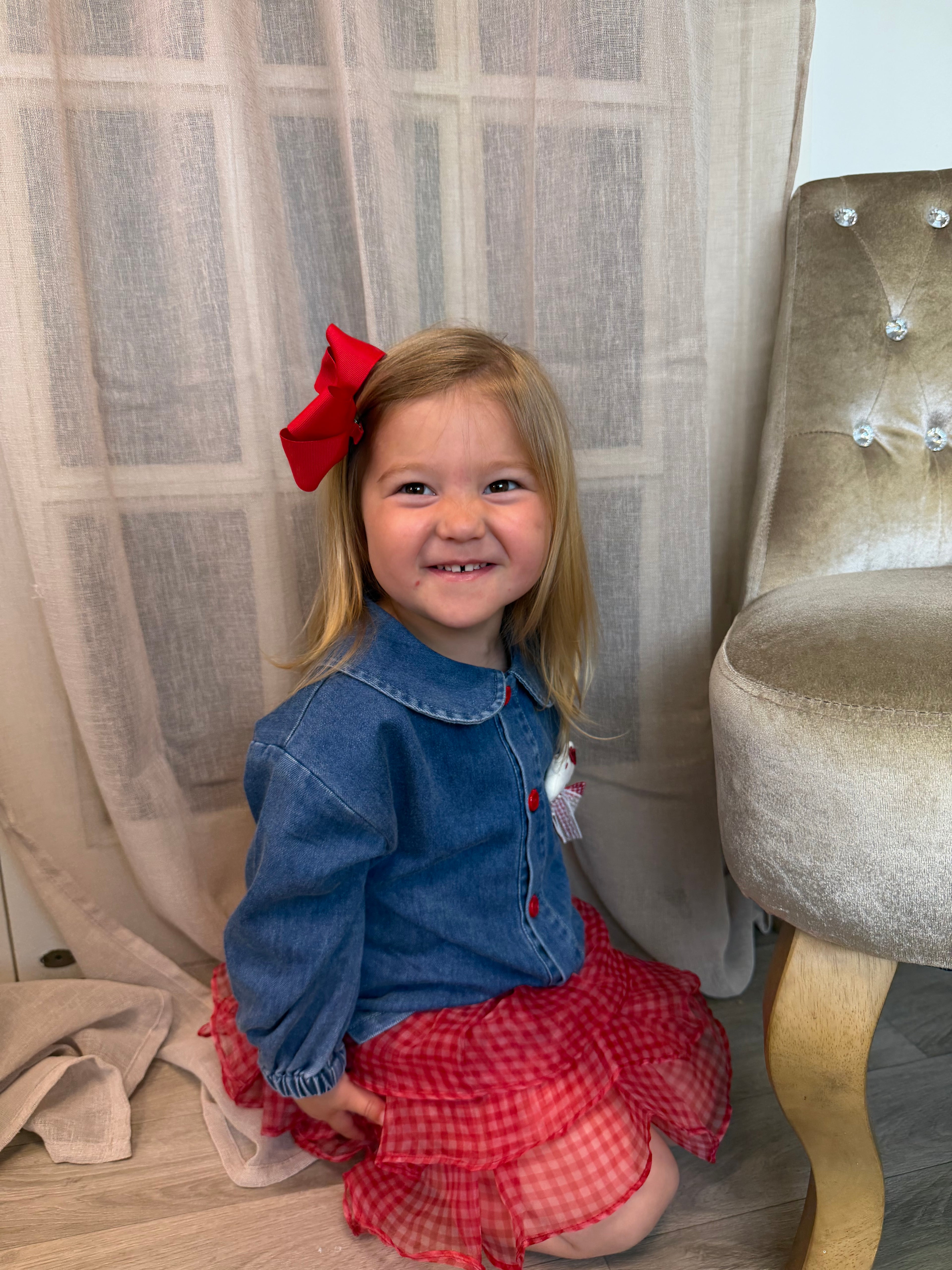 Denim Cat Shirt with Red Rara Skort