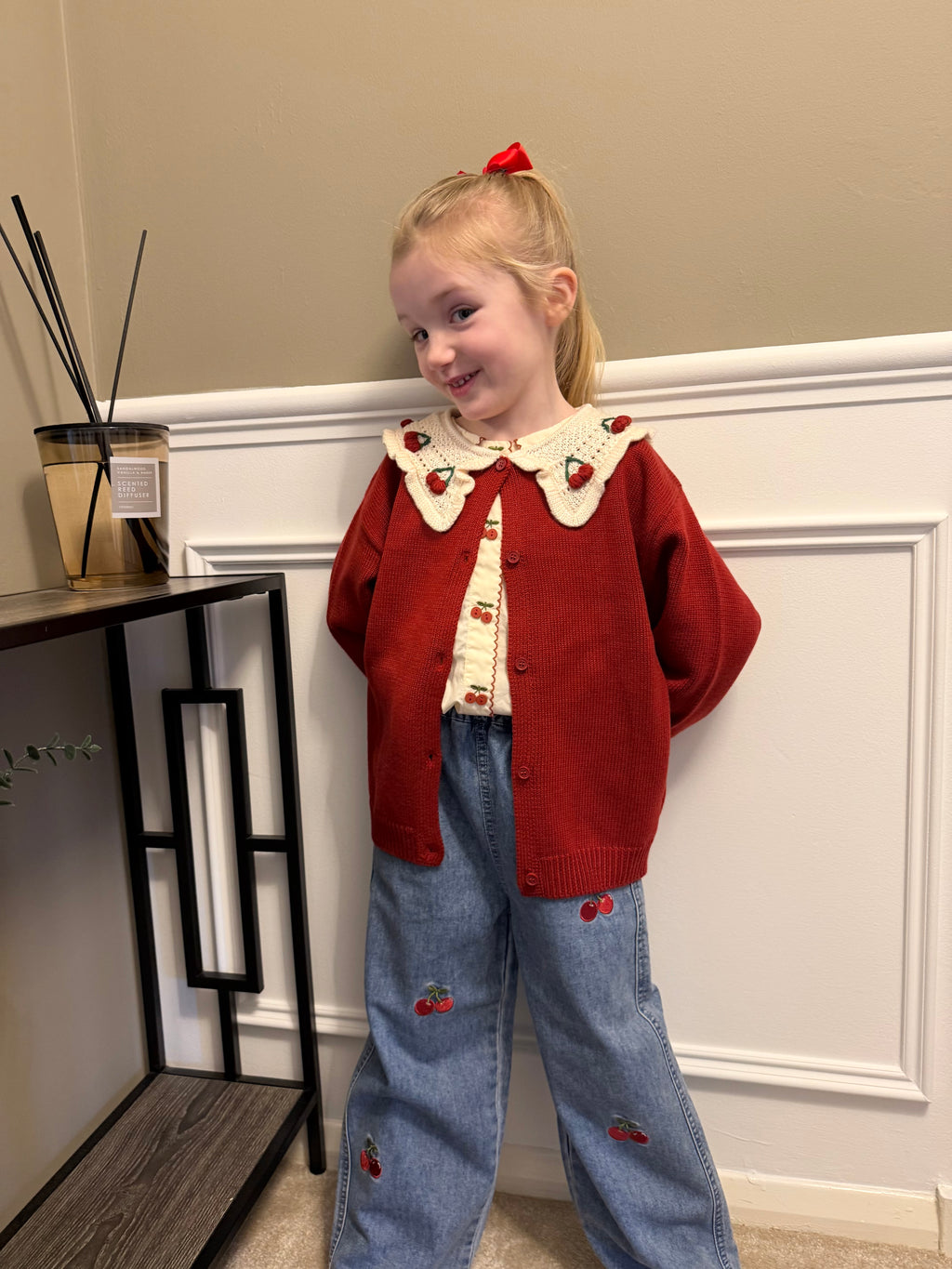 Cherry Shirt, Cardigan and Jean Set