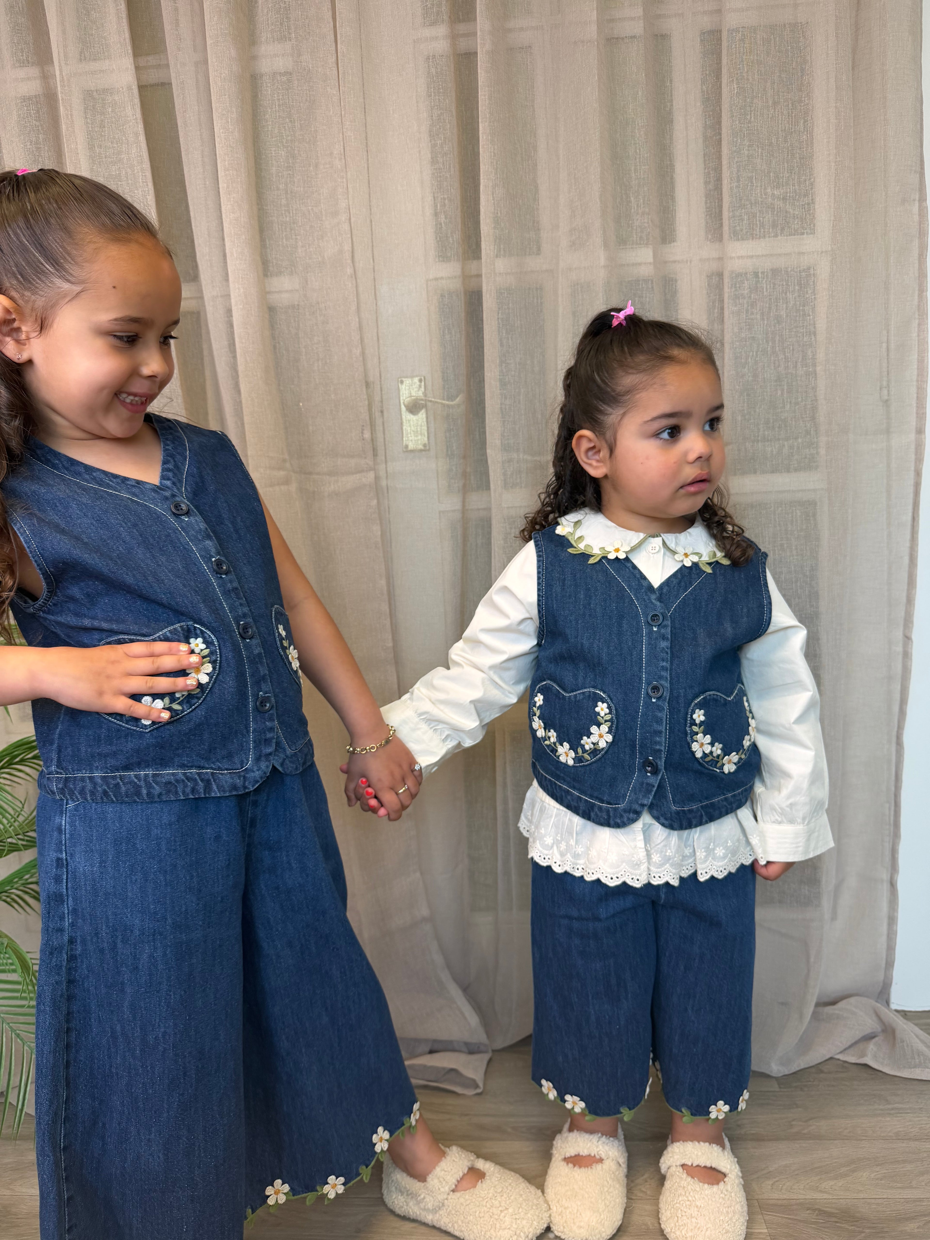 3 Piece Floral Denim Waistcoat Set