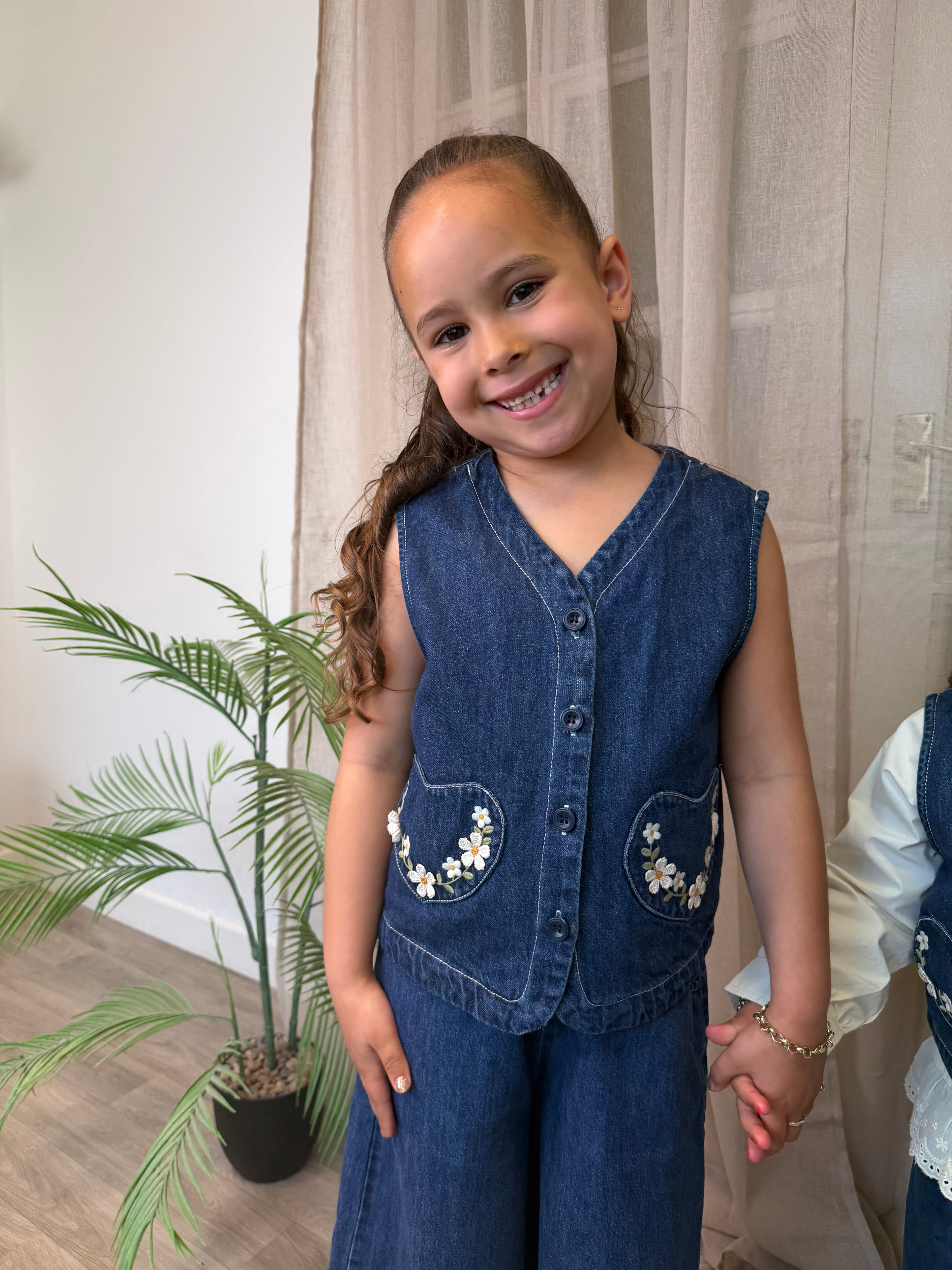 3 Piece Floral Denim Waistcoat Set